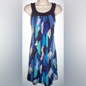 ELLE Sleeveless Geometric Print Shift Dress- Blue/Black/White Size X-Small